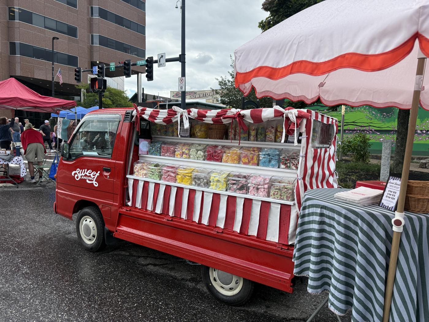 Sweetie at a rainy street market under a red and white parasol